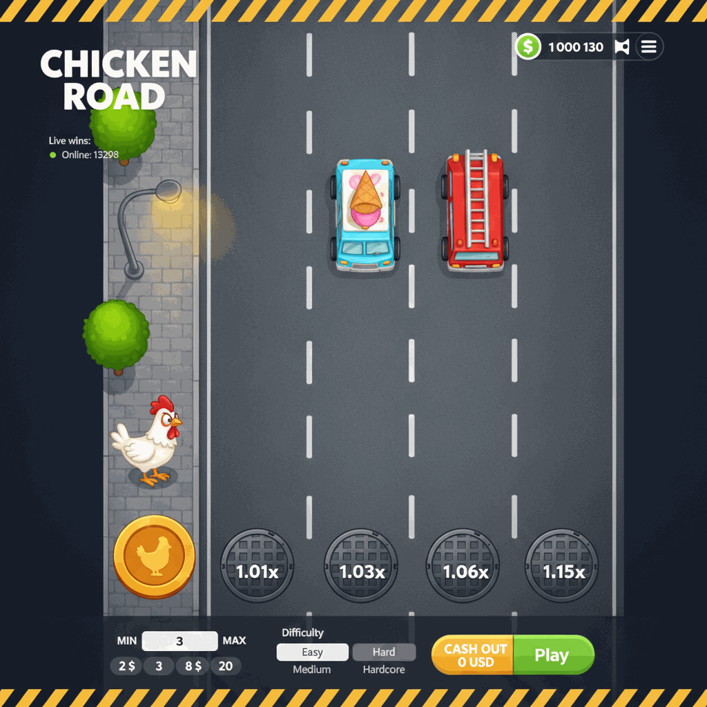 Schermata di gioco di Chicken Road che mostra una gallina cartone animato sul marciapiede urbano pronta ad attraversare una strada a più corsie con divisori di corsia bianchi tratteggiati, coperture di tombini che mostrano valori moltiplicatori crescenti, e interfaccia di gioco con controlli di scommessa, indicatore di vincite dal vivo, pulsante di prelievo e selettore di livello di difficoltà del provider InOut
